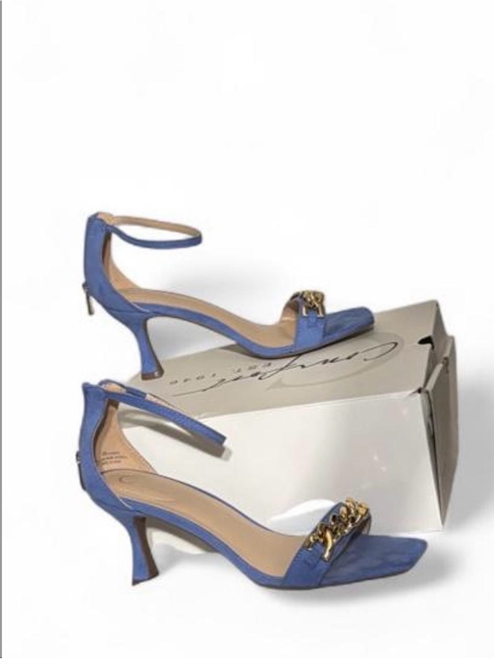 Cato Blue Ankle-Strap Heels with Gold Chain Accent